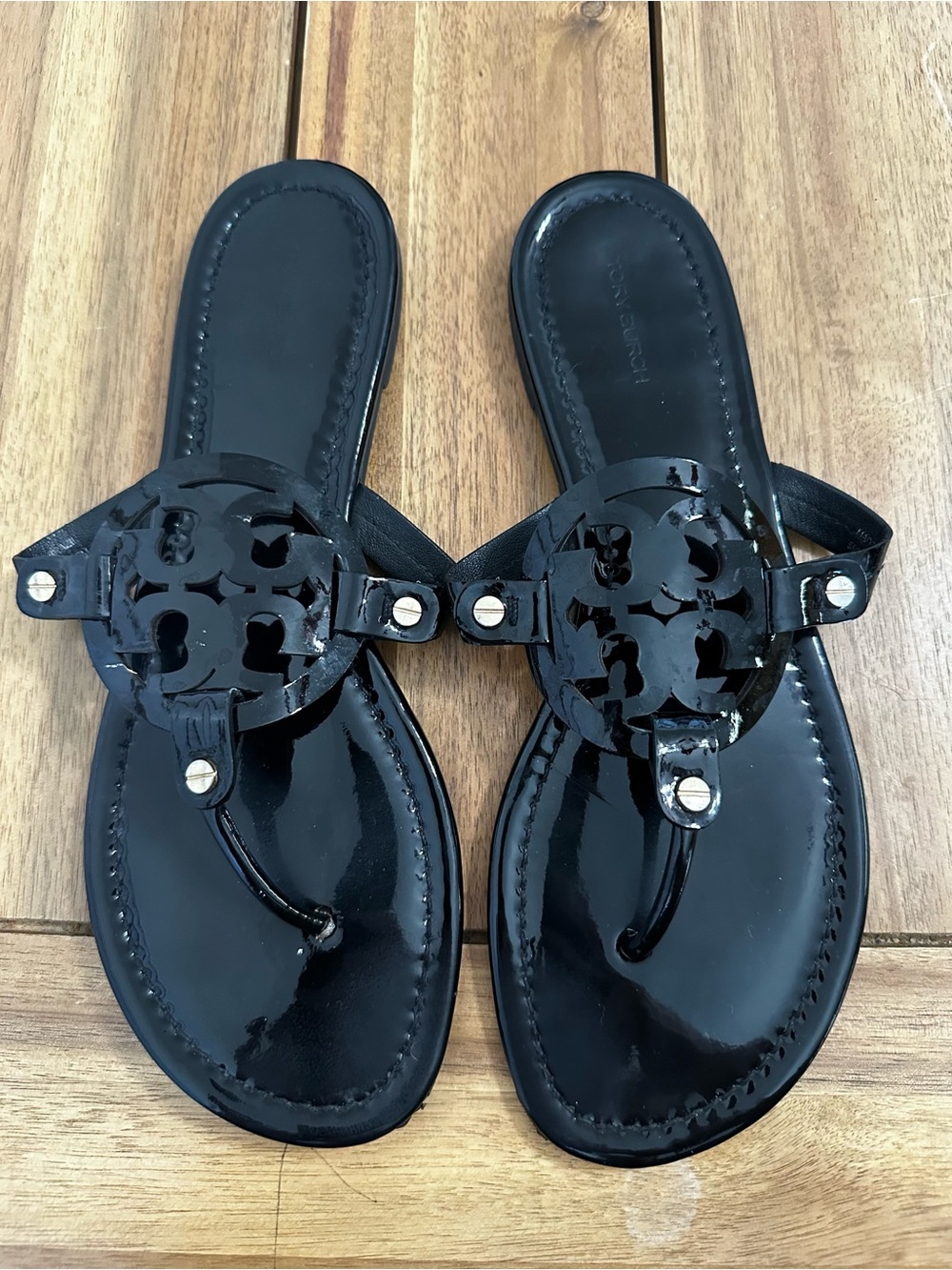 Tory Burch Black Miller Patent Sandals size 10